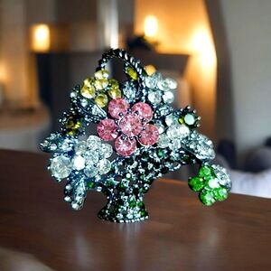 Rhinestone Floral Basket Brooch